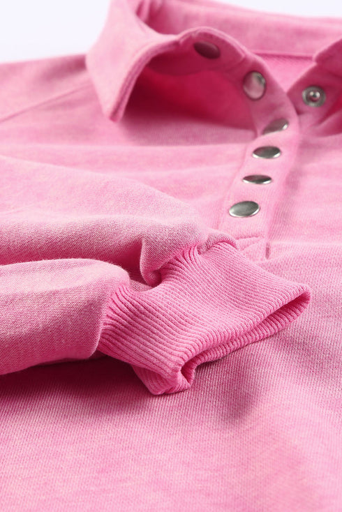 Lantern Sleeve Snap Button Placket Washed Pullover Casual Round Neck Sweatshirt